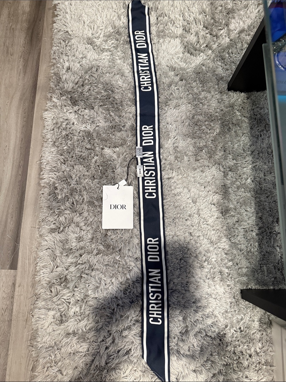 Dior Navy and White Christian Dior Logo Silk Skinny Scarf